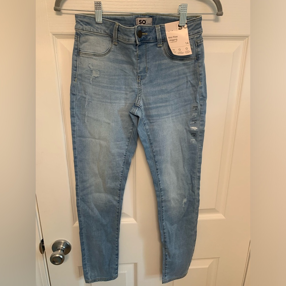 SO Blue Distressed Jeggings new. Size 14 girls.